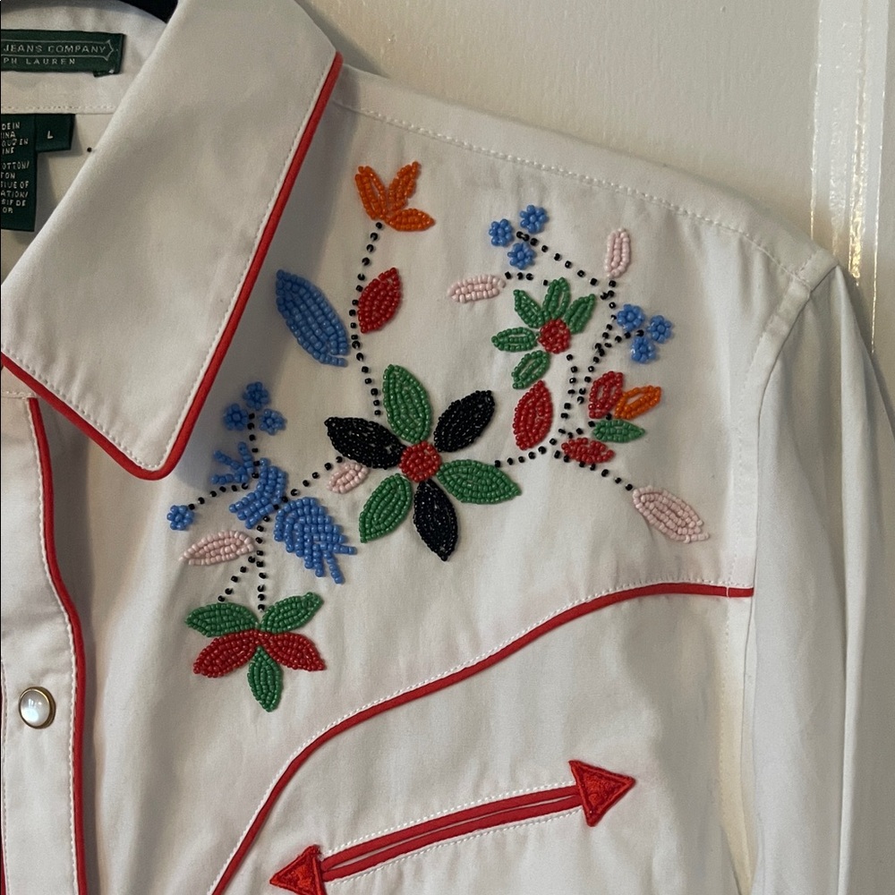 Ralph Lauren White Western Button-Down Shirt with Multicolor Floral Embroidery - Picture 3 of 8